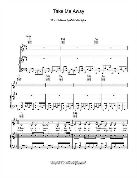 Gabrielle Aplin Take Me Away Sheet Music Pdf Notes Chords Pop Score Piano Vocal Guitar Right Hand Melody Download Printable Sku 116440