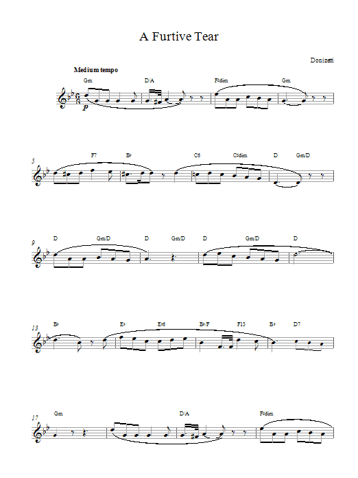 Gaetano Donizetti A Furtive Tear sheet music for Lead Sheet / Fake Book in minutes. Price: 7.4900$ Gaetano Donizetti A Furtive Tear sheet music notes and chords. Download Printable PDF.