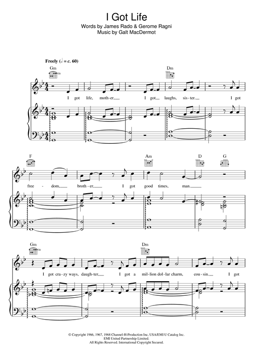 Learn to play Galt MacDermot I Got Life (from 'Hair') sheet music for Piano, Vocal & Guitar in minutes. Price: 7.8900$ Galt MacDermot I Got Life (from 'Hair') sheet music notes and chords. Download Printable PDF.