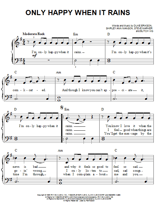 Learn to play Garbage Only Happy When It Rains sheet music for Easy Piano in minutes. Price: 6.9900$ Garbage Only Happy When It Rains sheet music notes and chords arranged for Easy Piano