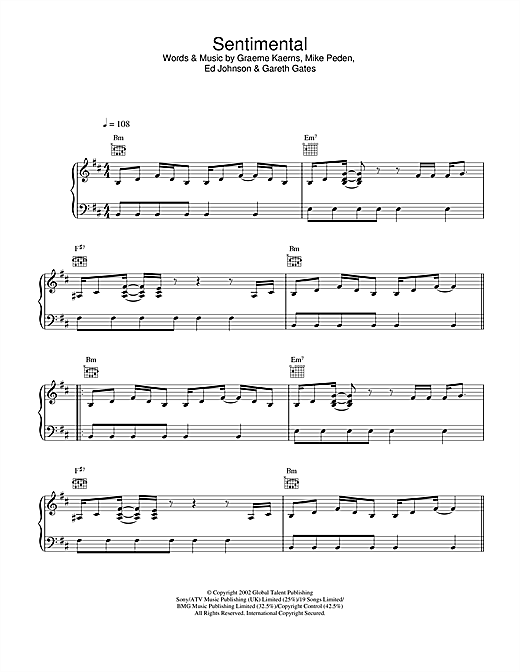 Learn to play Gareth Gates Sentimental sheet music for Piano, Vocal & Guitar in minutes. Price: 7.7900$ Gareth Gates Sentimental sheet music notes and chords. Download Printable PDF.