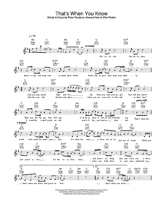 Learn to play Gareth Gates That’s When You Know sheet music for Lead Sheet / Fake Book in minutes. Gareth Gates That’s When You Know sheet music notes and chords. Download Printable PDF.