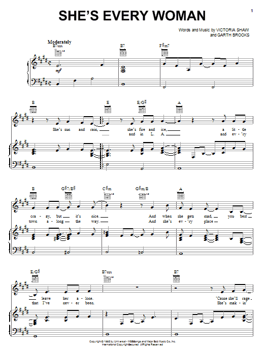 Preview Garth Brooks She's Every Woman Pop sheet music, notes and chords for Piano, Vocal & Guitar (Right-Hand Melody), SKU: 16627 sheet music, piano notes, chords, guitar tabs, score, transpose, transcribe, how to play, guide, download, learn, tutorial, progression, song, artist, awards, billboard, mtv, vh1, tour, single, album, release