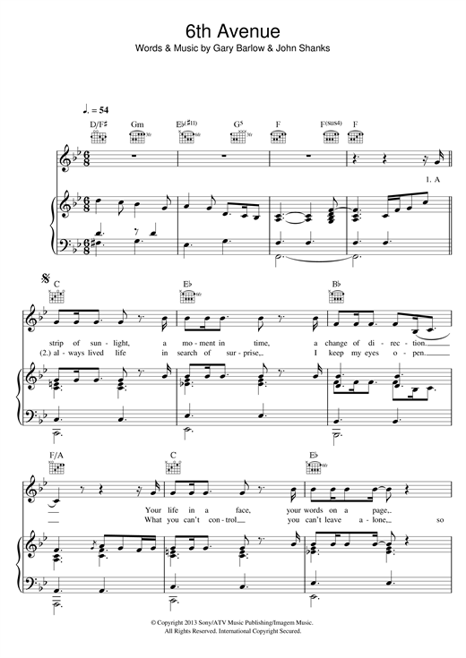 Learn to play Gary Barlow 6th Avenue sheet music for Piano, Vocal & Guitar (Right-Hand Melody) in minutes. Gary Barlow 6th Avenue sheet music notes and chords. Download Printable PDF.