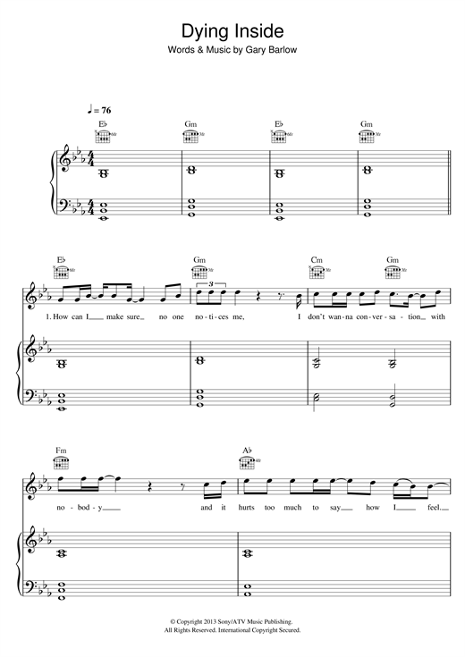 Gary Barlow Dying Inside Sheet Music Pdf Notes Chords Pop Score Piano Vocal Guitar Download Printable Sku 118031