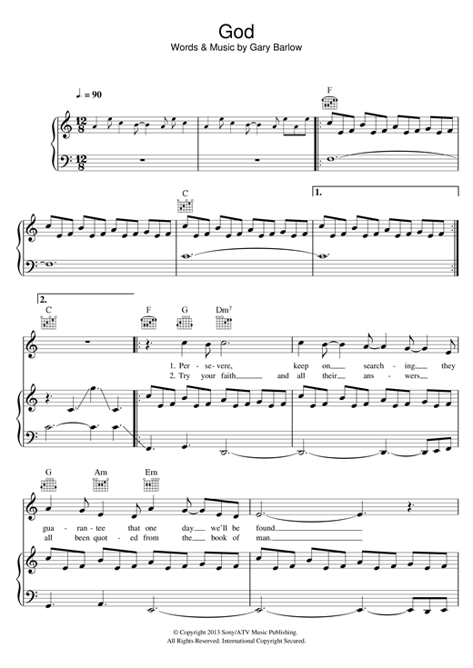 Gary Barlow God sheet music notes and chords. Download Printable PDF.