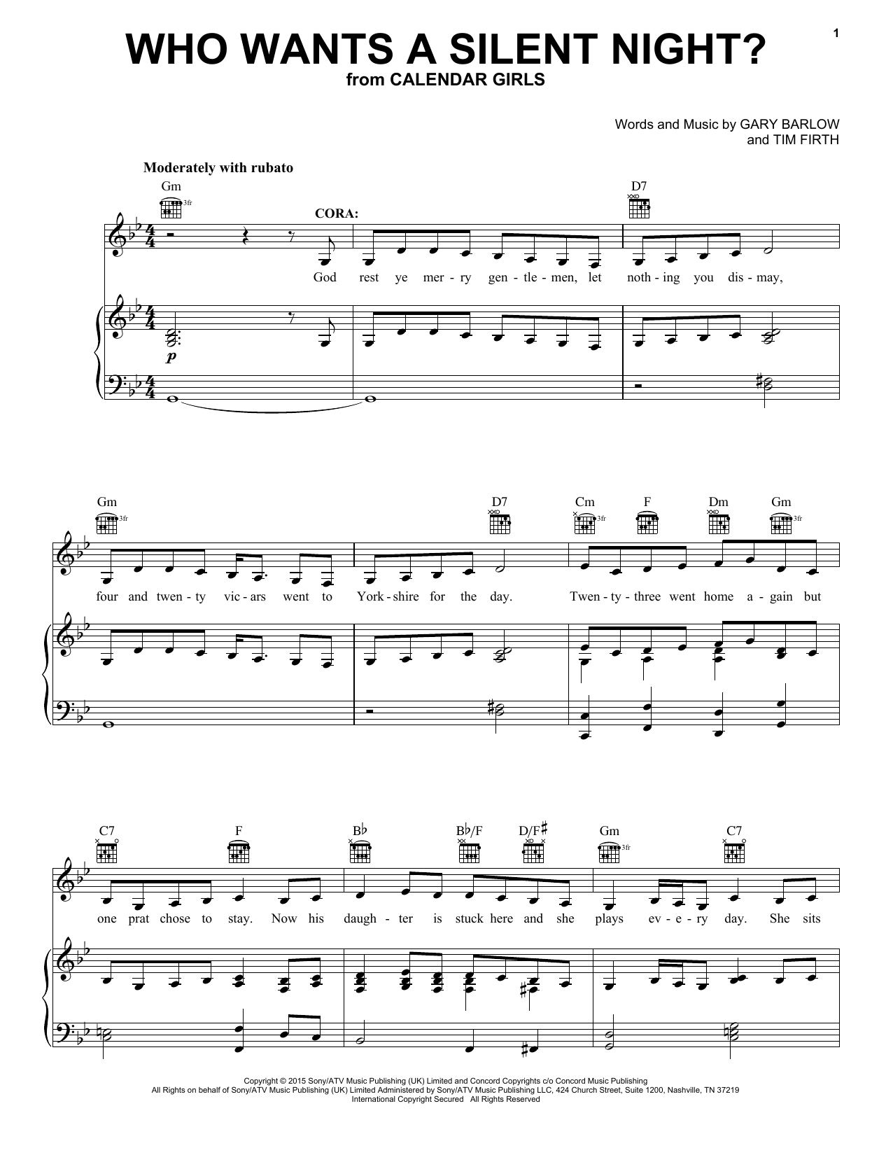 Learn to play Gary Barlow and Tim Firth Who Wants A Silent Night? (from Calendar Girls the Musical) sheet music for Piano, Vocal & Guitar Chords (Right-Hand Melody) in minutes. Price: 7.8900$ Gary Barlow and Tim Firth Who Wants A Silent Night? (from Calendar Girls the Musical) sheet music notes and chords arranged for Piano, Vocal & Guitar Chords (Right-Hand Melody)