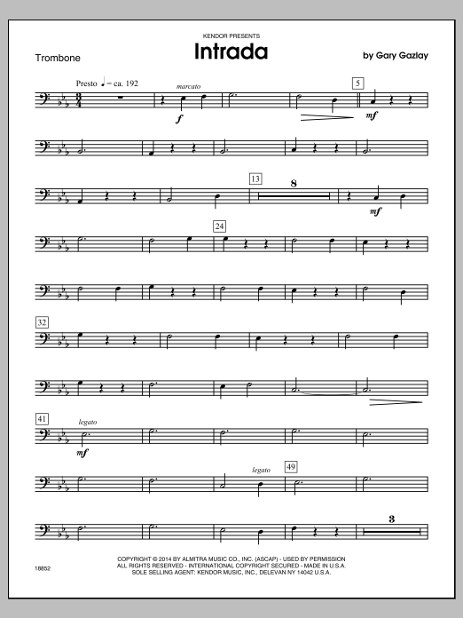 Learn to play Gary Gazlay Intrada - Trombone sheet music for Brass Ensemble in minutes. Gary Gazlay Intrada - Trombone sheet music notes and chords. Download Printable PDF.