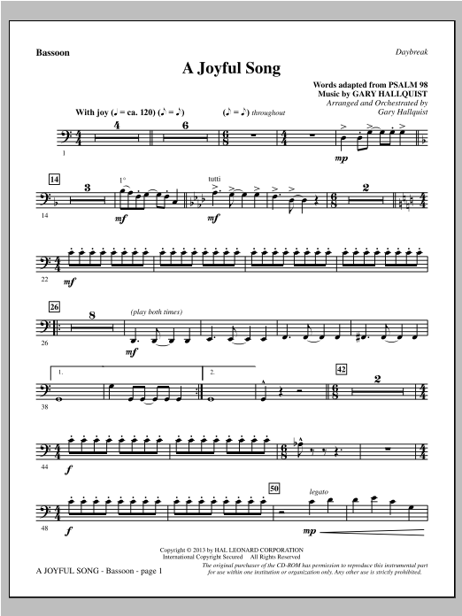 Learn to play Gary Hallquist A Joyful Song - Bassoon sheet music for Choir Instrumental Pak in minutes. Gary Hallquist A Joyful Song - Bassoon sheet music notes and chords. Download Printable PDF.