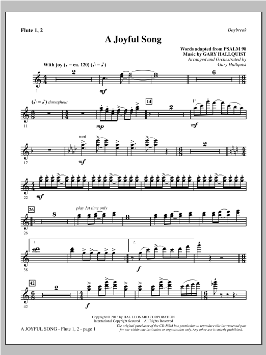 Learn to play Gary Hallquist A Joyful Song - Flute 1 & 2 sheet music for Choir Instrumental Pak in minutes. Gary Hallquist A Joyful Song - Flute 1 & 2 sheet music notes and chords. Download Printable PDF.