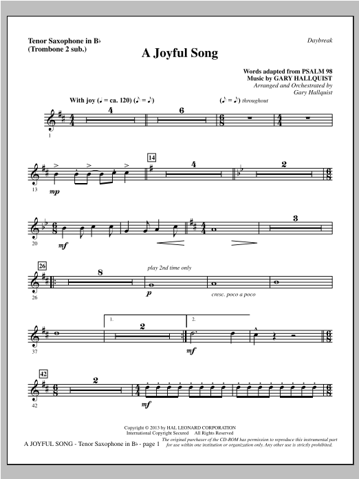 Learn to play Gary Hallquist A Joyful Song - Tenor Sax (sub. Tbn 2) sheet music for Choir Instrumental Pak in minutes. Gary Hallquist A Joyful Song - Tenor Sax (sub. Tbn 2) sheet music notes and chords. Download Printable PDF.