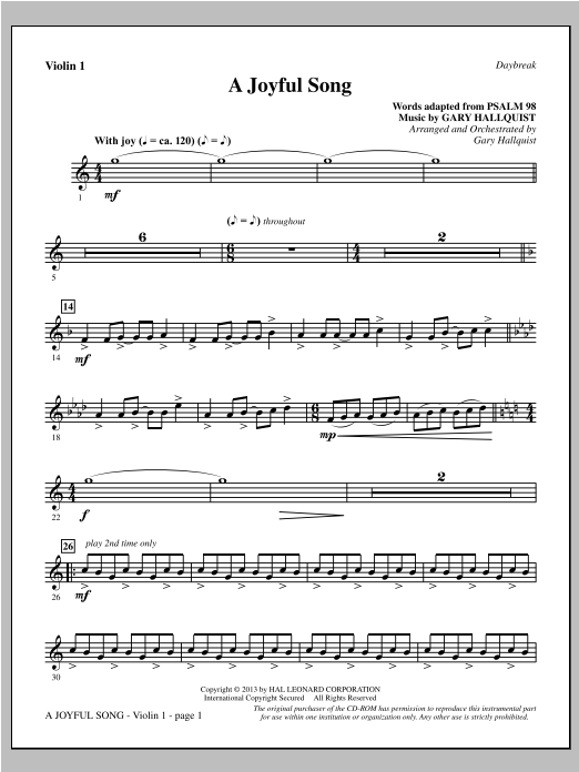 Learn to play Gary Hallquist A Joyful Song - Violin 1 sheet music for Choir Instrumental Pak in minutes. Gary Hallquist A Joyful Song - Violin 1 sheet music notes and chords. Download Printable PDF.