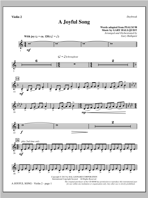 Learn to play Gary Hallquist A Joyful Song - Violin 2 sheet music for Choir Instrumental Pak in minutes. Gary Hallquist A Joyful Song - Violin 2 sheet music notes and chords. Download Printable PDF.