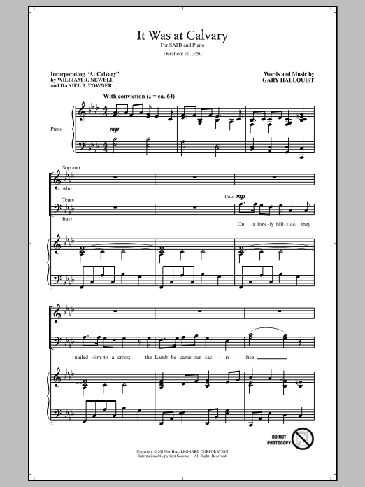 Learn to play Gary Hallquist It Was At Calvary sheet music for SATB Choir in minutes. Price: 3.9900$ Gary Hallquist It Was At Calvary sheet music notes and chords arranged for SATB Choir