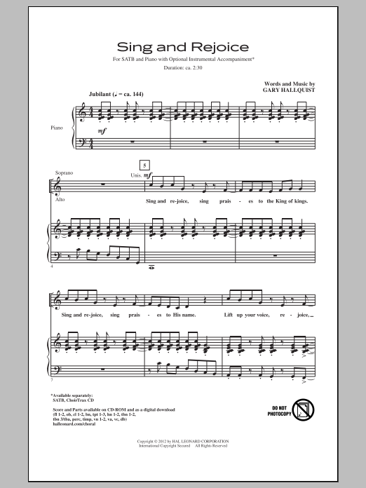 Gary Hallquist Sing And Rejoice sheet music notes and chords. Download Printable PDF.