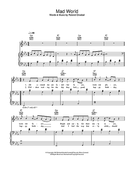 Preview Gary Jules & Michael Andrews Mad World (from Donnie Darko) Pop sheet music, notes and chords for Piano, Vocal & Guitar, SKU: 26081 sheet music, piano notes, chords, guitar tabs, score, transpose, transcribe, how to play, guide, download, learn, tutorial, progression, song, artist, awards, billboard, mtv, vh1, tour, single, album, release