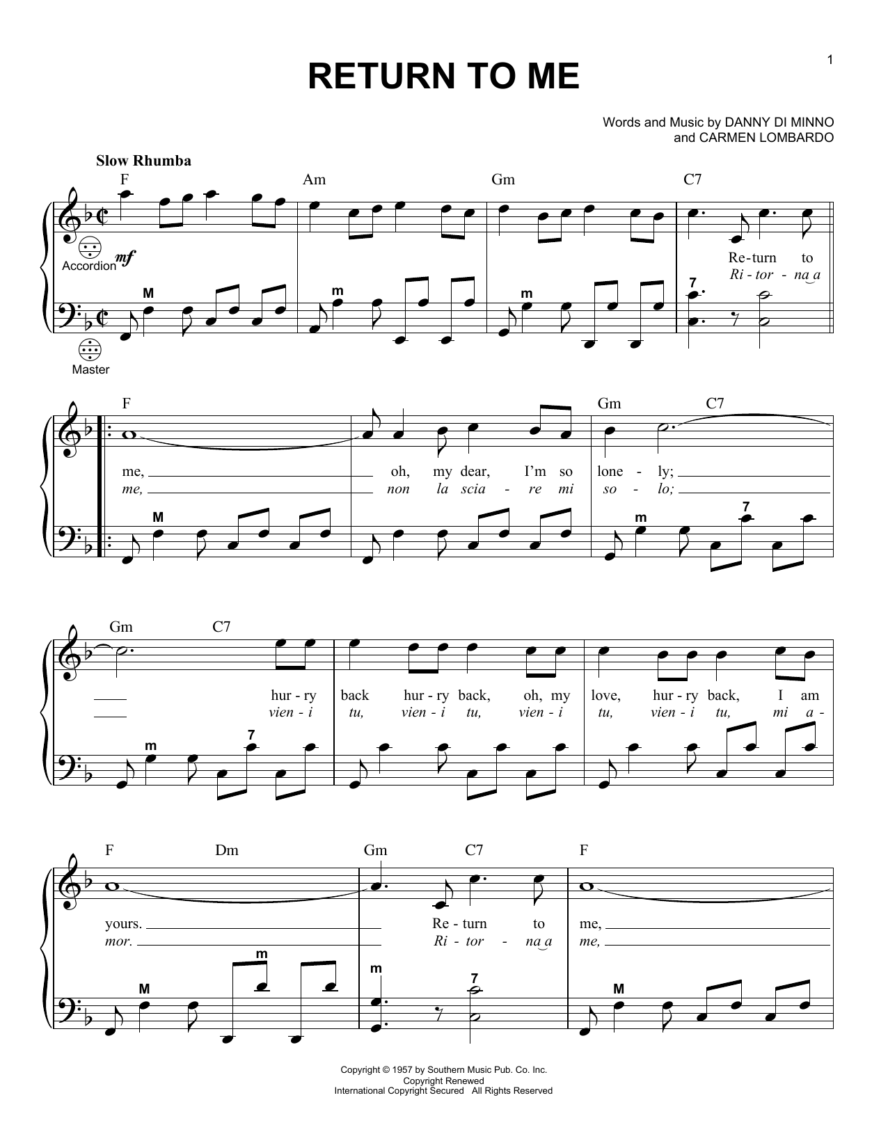 Learn to play Gary Meisner Return To Me sheet music for Accordion in minutes. Price: 7.8900$ Gary Meisner Return To Me sheet music notes and chords arranged for Accordion