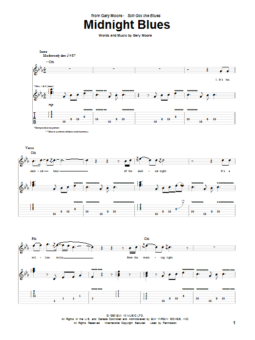 Learn to play Gary Moore Midnight Blues sheet music for Guitar Tab in minutes. Price: 7.8900$ Gary Moore Midnight Blues sheet music notes and chords arranged for Guitar Tab