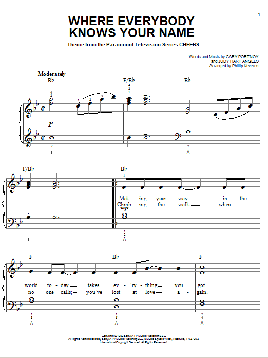 Learn to play Gary Portnoy Where Everybody Knows Your Name sheet music for Easy Piano in minutes. Price: 6.9900$ Gary Portnoy Where Everybody Knows Your Name sheet music notes and chords arranged for Easy Piano