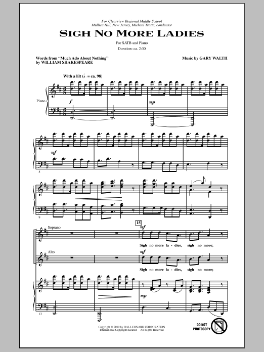 Learn to play Gary Walth Sigh No More Ladies sheet music for SATB Choir in minutes. Price: 3.9900$ Gary Walth Sigh No More Ladies sheet music notes and chords arranged for SATB Choir