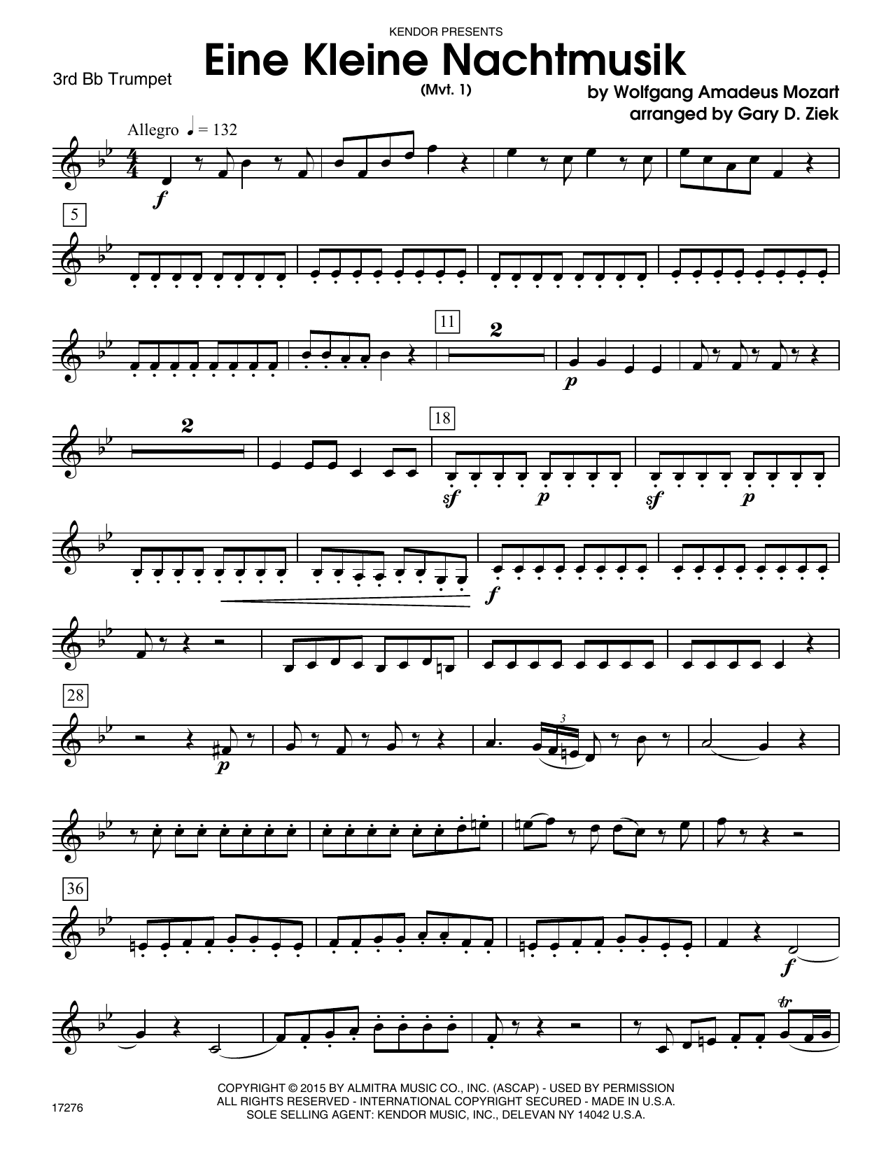 Learn to play Gary Ziek Eine Kleine Nachtmusik (Mvt. 1) - 3rd Bb Trumpet sheet music for Brass Ensemble in minutes. Gary Ziek Eine Kleine Nachtmusik (Mvt. 1) - 3rd Bb Trumpet sheet music notes and chords. Download Printable PDF.