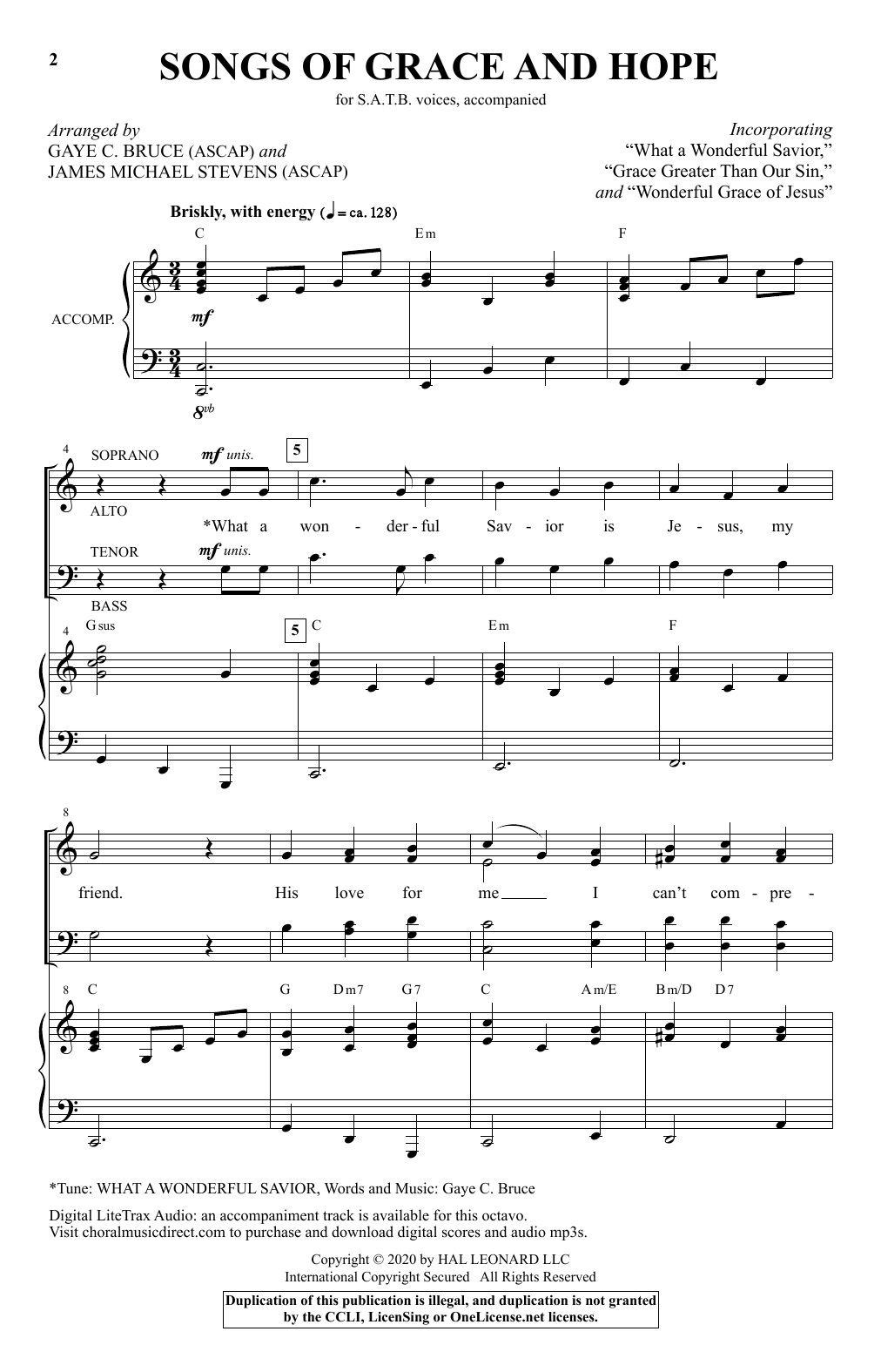Learn to play Gaye C. Bruce and James Michael Stevens Songs of Grace and Hope sheet music for SATB Choir in minutes. Price: 3.9900$ Gaye C. Bruce and James Michael Stevens Songs of Grace and Hope sheet music notes and chords arranged for SATB Choir