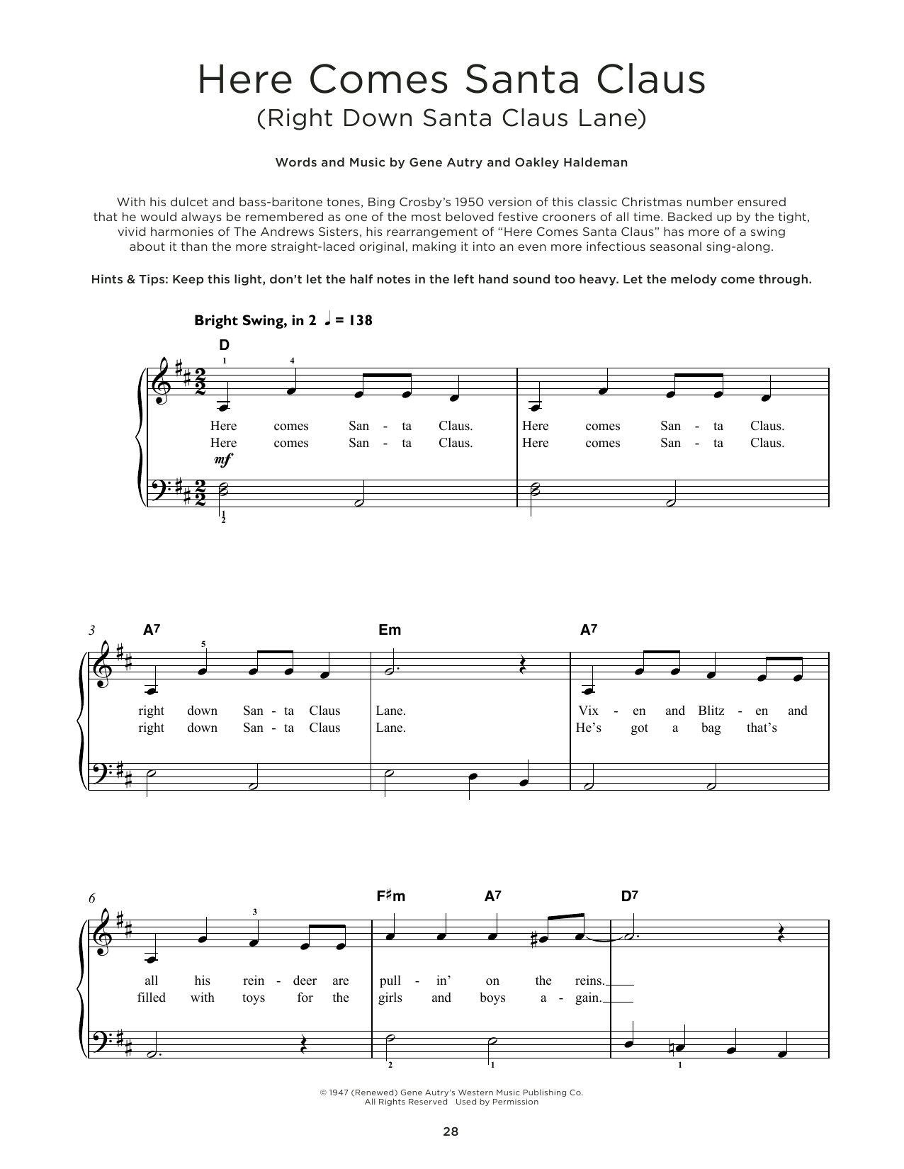 Gene Autry Here Comes Santa Claus (Right Down Santa Claus Lane) sheet music notes and chords. Download Printable PDF.