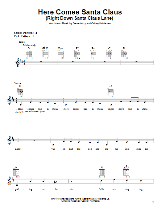 Learn to play Gene Autry Here Comes Santa Claus (Right Down Santa Claus Lane) sheet music for Easy Guitar Tab in minutes. Gene Autry Here Comes Santa Claus (Right Down Santa Claus Lane) sheet music notes and chords. Download Printable PDF.