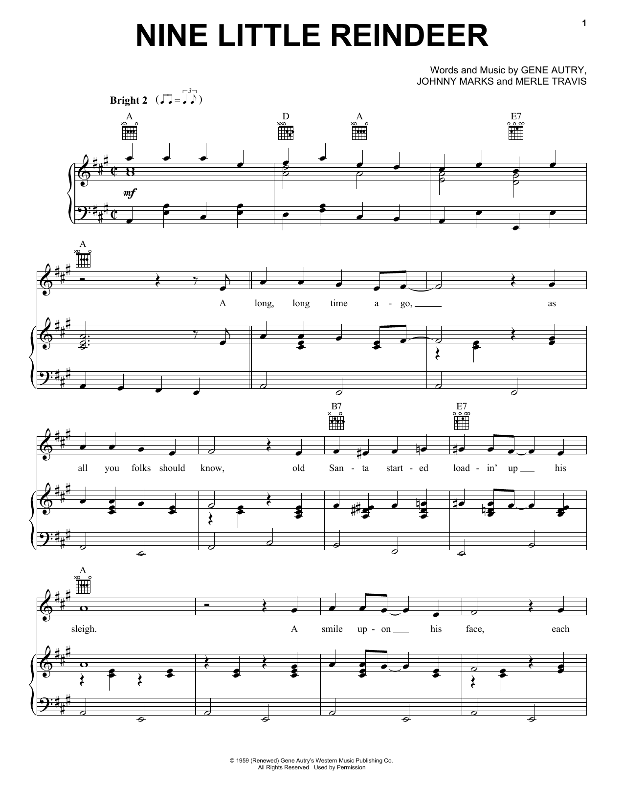 Gene Autry Nine Little Reindeer sheet music notes and chords. Download Printable PDF.