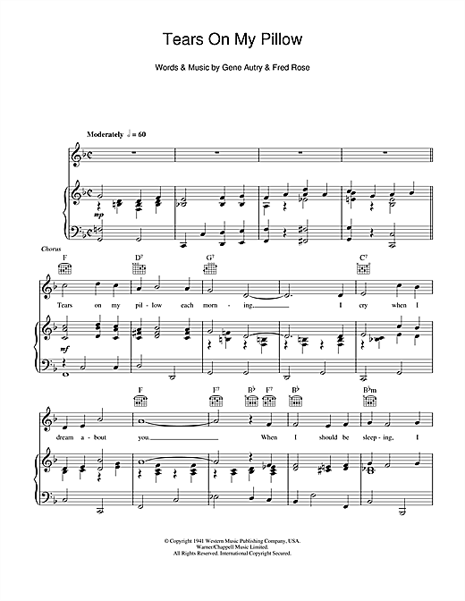 Gene Autry Tears On My Pillow Sheet Music Pdf Notes Chords Pop Score Piano Vocal Guitar Right Hand Melody Download Printable Sku 113397