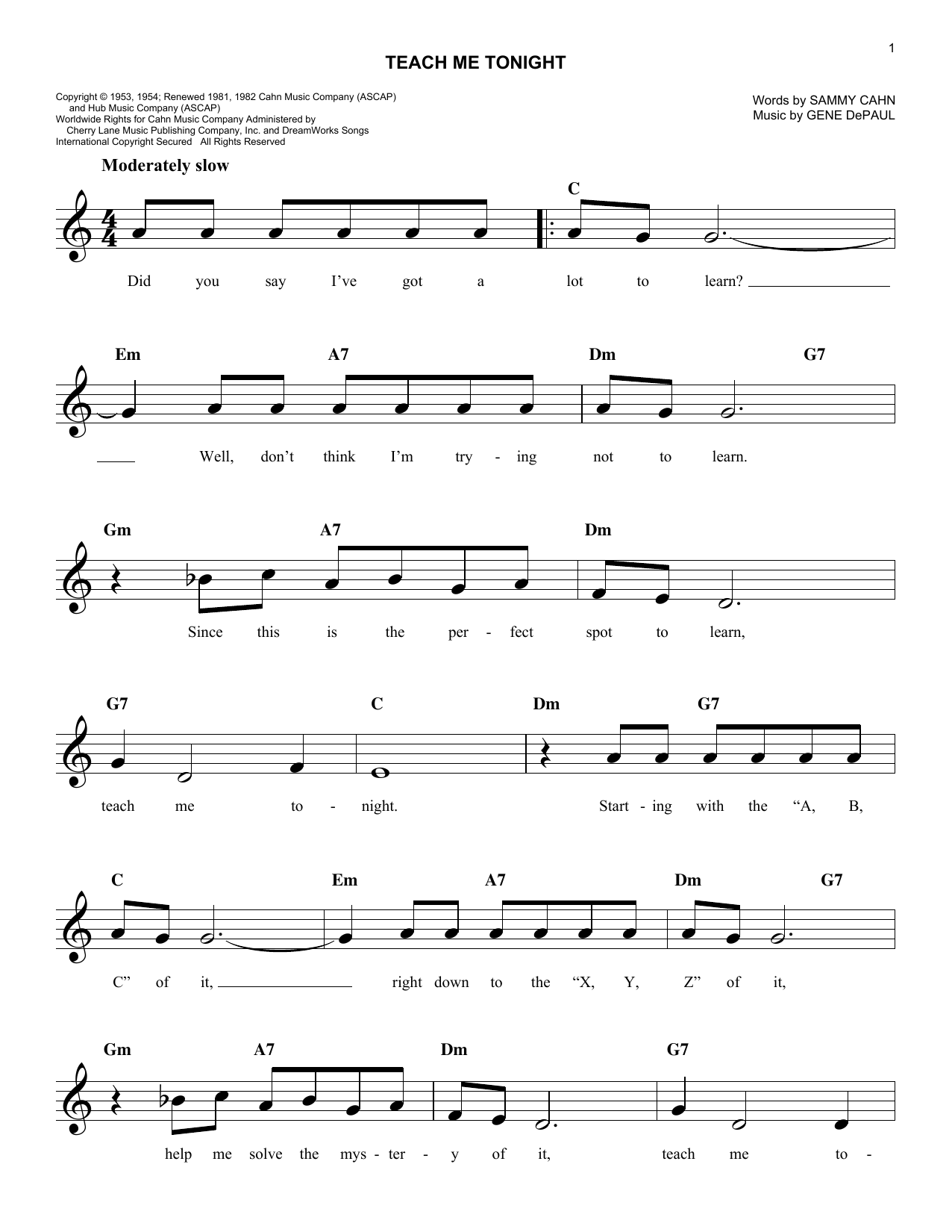 Learn to play Gene De Paul Teach Me Tonight sheet music for Lead Sheet / Fake Book in minutes. Gene De Paul Teach Me Tonight sheet music notes and chords. Download Printable PDF.