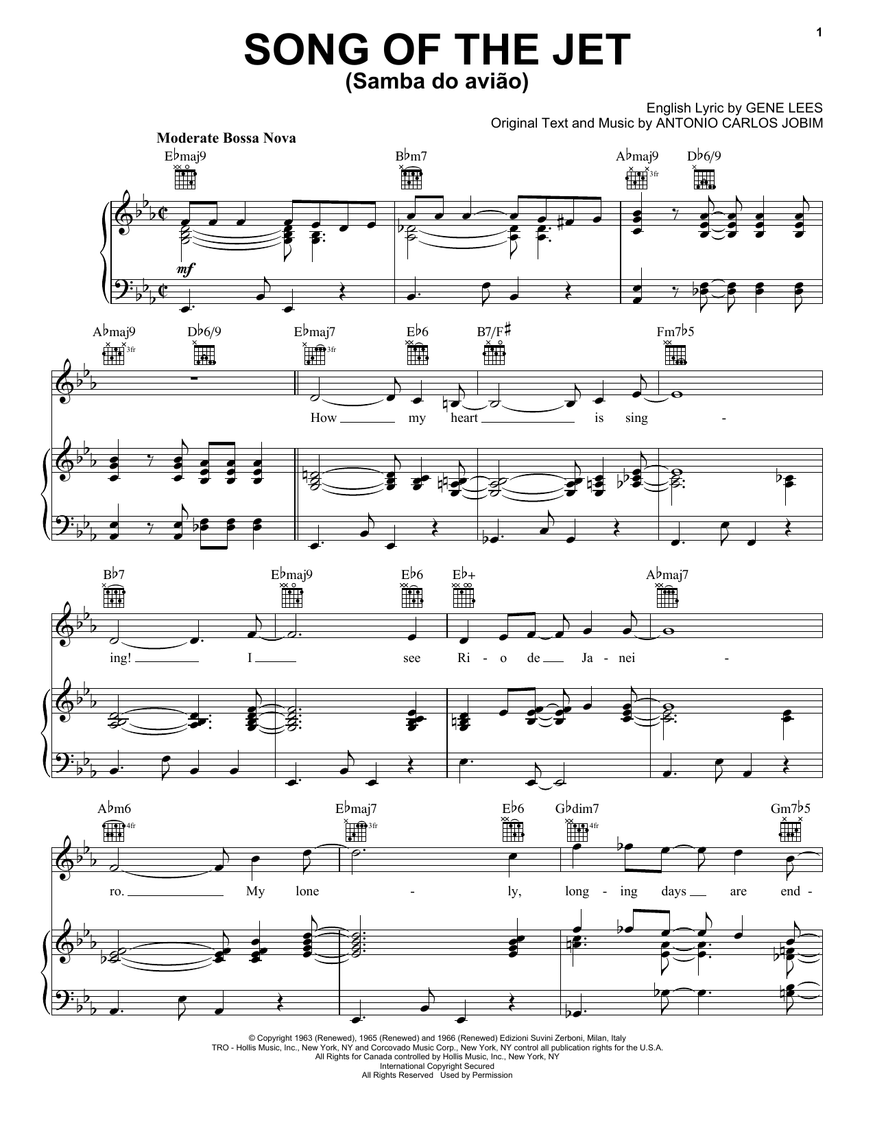 Learn to play Gene Lees Song Of The Jet (Samba do Aviao) sheet music for Piano, Vocal & Guitar (Right-Hand Melody) in minutes. Gene Lees Song Of The Jet (Samba do Aviao) sheet music notes and chords. Download Printable PDF.