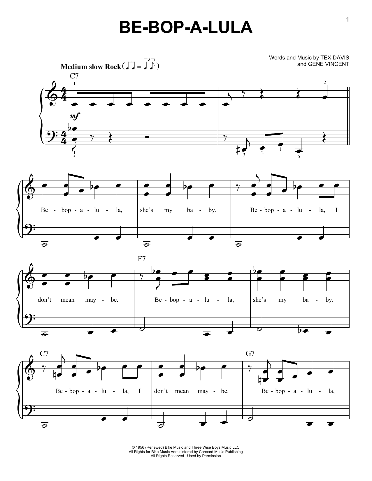 Gene Vincent Be-Bop-A-Lula sheet music notes and chords. Download Printable PDF.