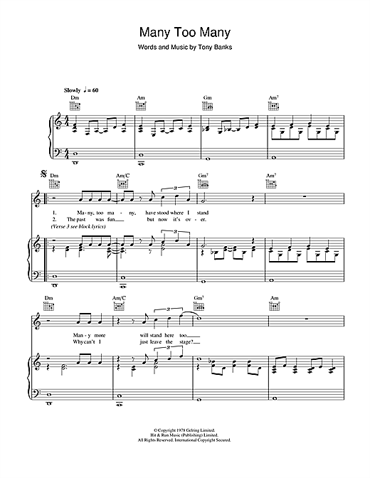 Genesis Many Too Many sheet music notes and chords. Download Printable PDF.
