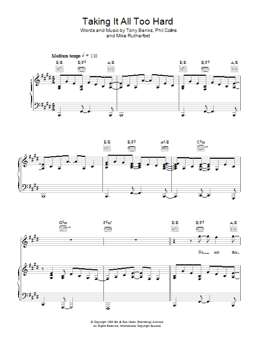 Genesis Taking It All Too Hard sheet music notes and chords. Download Printable PDF.