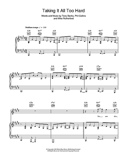 Learn to play Genesis Taking It All Too Hard sheet music for Piano, Vocal & Guitar in minutes. Price: 7.8900$ Genesis Taking It All Too Hard sheet music notes and chords. Download Printable PDF.