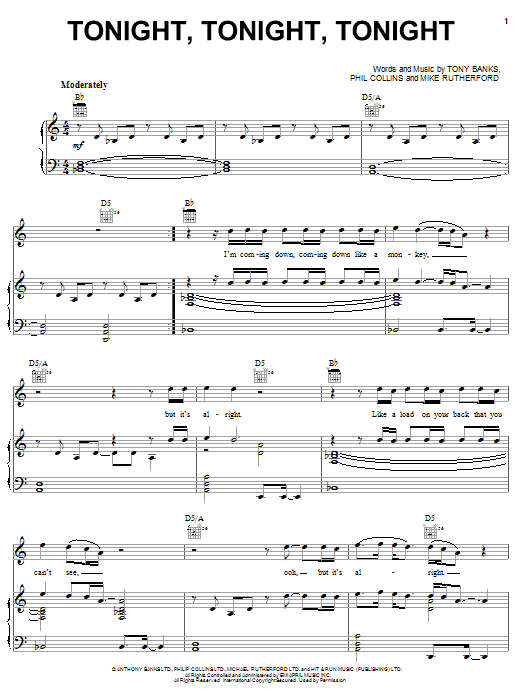 Genesis Tonight, Tonight, Tonight sheet music notes and chords. Download Printable PDF.