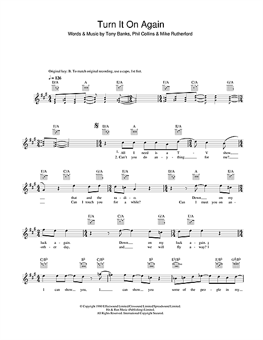 Genesis Turn It On Again sheet music notes and chords. Download Printable PDF.