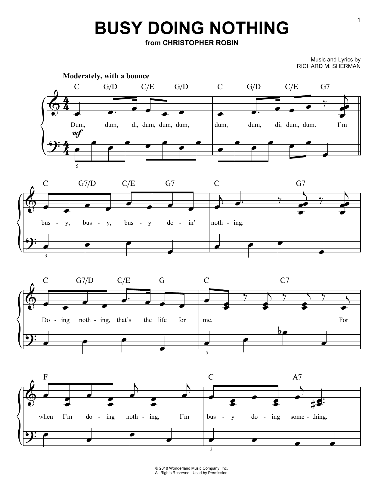 Learn to play Geoff Zanelli & Jon Brion Busy Doing Nothing (from Christopher Robin) sheet music for Piano, Vocal & Guitar Chords (Right-Hand Melody) in minutes. Price: 7.8900$ Geoff Zanelli & Jon Brion Busy Doing Nothing (from Christopher Robin) sheet music notes and chords arranged for Piano, Vocal & Guitar Chords (Right-Hand Melody)