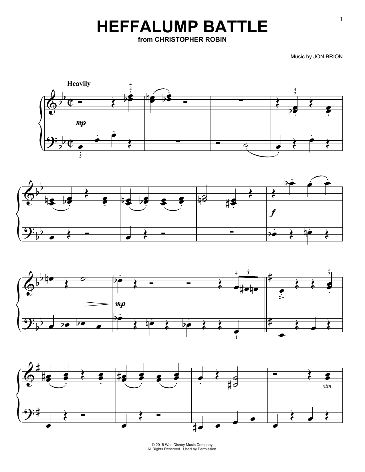 Learn to play Geoff Zanelli & Jon Brion Heffalump Battle (from Christopher Robin) sheet music for Piano Solo in minutes. Price: 6.9900$ Geoff Zanelli & Jon Brion Heffalump Battle (from Christopher Robin) sheet music notes and chords arranged for Piano Solo