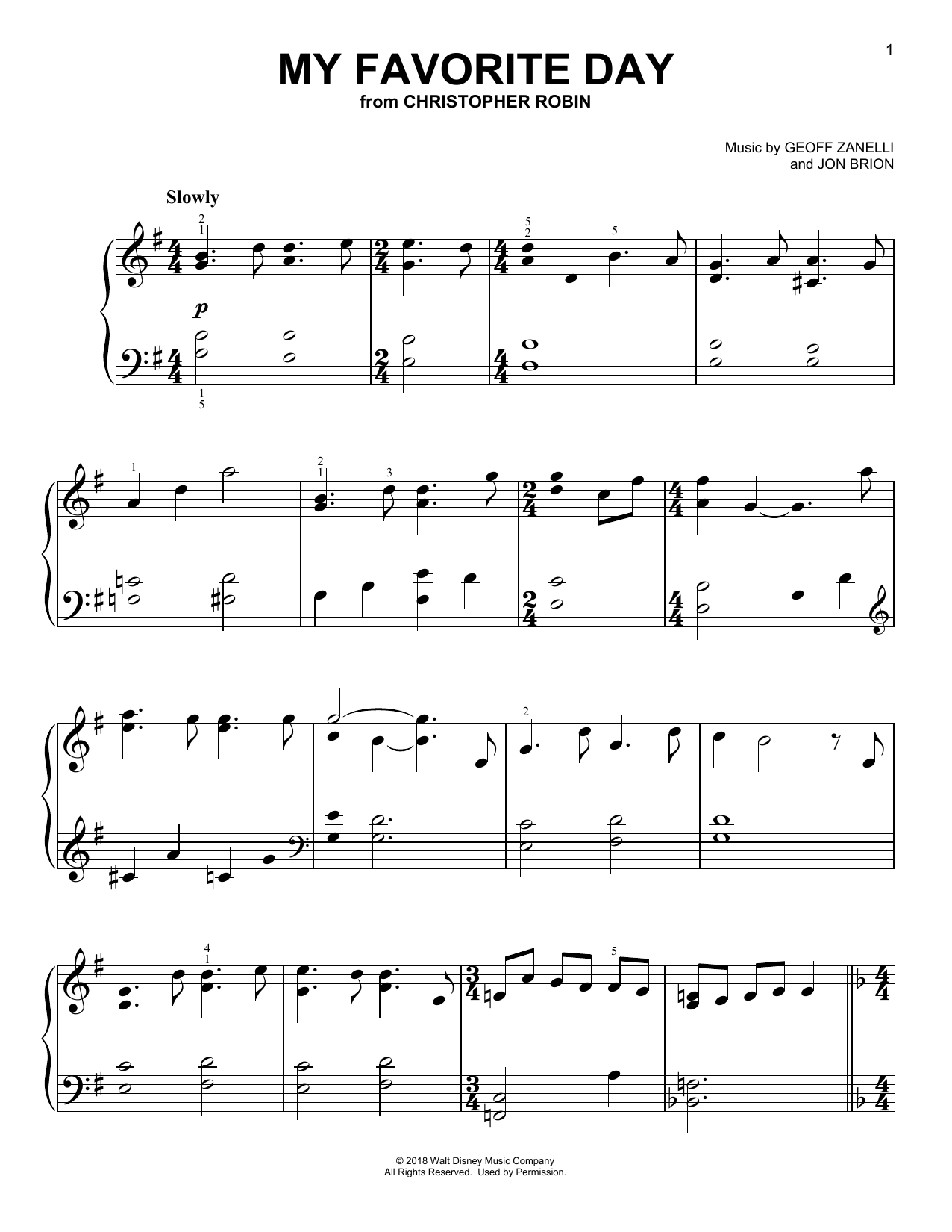 Learn to play Geoff Zanelli & Jon Brion My Favorite Day (from Christopher Robin) sheet music for Easy Piano in minutes. Price: 6.9900$ Geoff Zanelli & Jon Brion My Favorite Day (from Christopher Robin) sheet music notes and chords arranged for Easy Piano