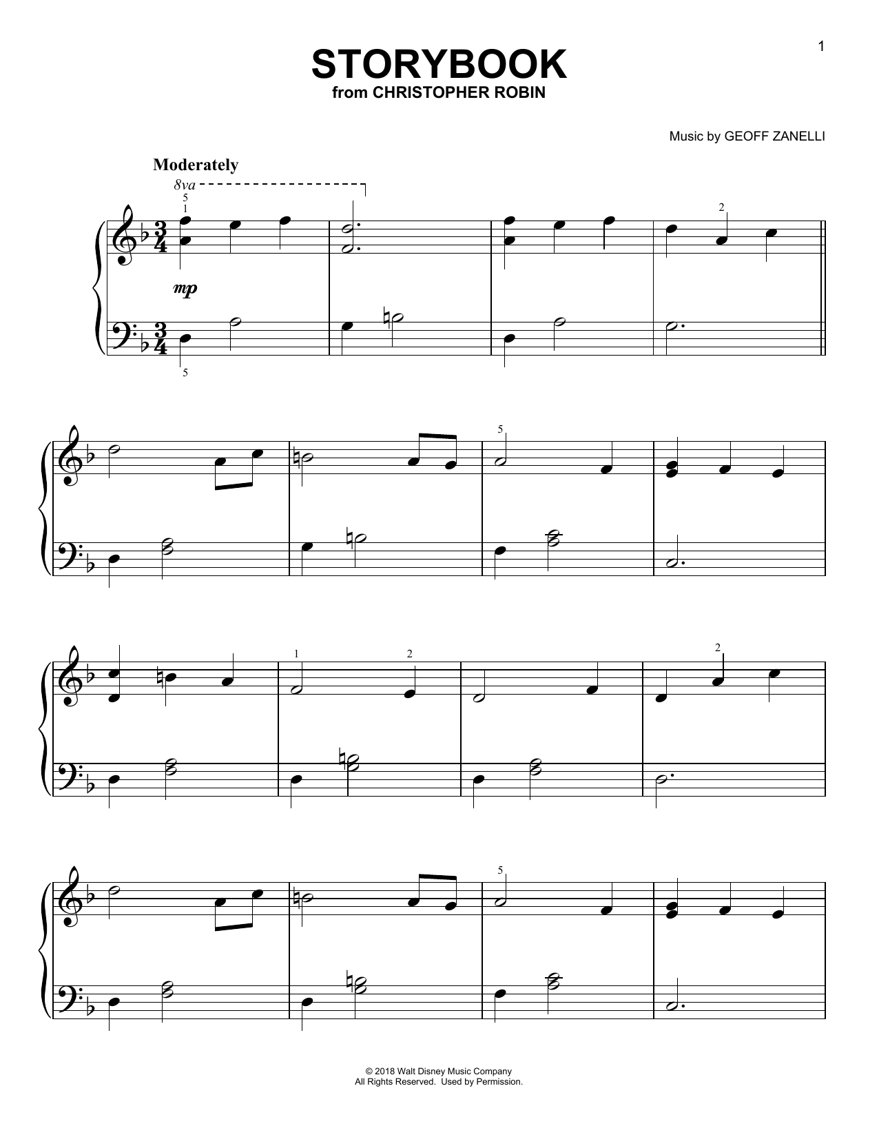 Learn to play Geoff Zanelli & Jon Brion Storybook (from Christopher Robin) sheet music for Easy Piano in minutes. Price: 6.9900$ Geoff Zanelli & Jon Brion Storybook (from Christopher Robin) sheet music notes and chords arranged for Easy Piano