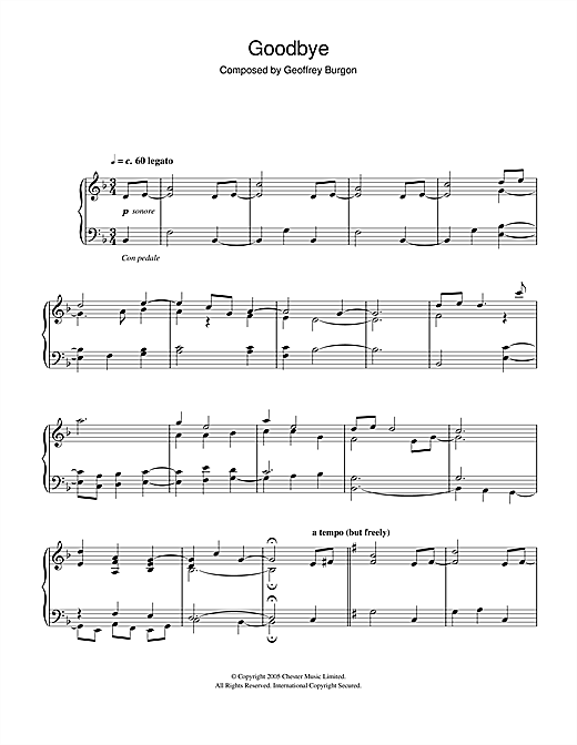 Learn to play Geoffrey Burgon Goodbye sheet music for Piano Solo in minutes. Geoffrey Burgon Goodbye sheet music notes and chords. Download Printable PDF.