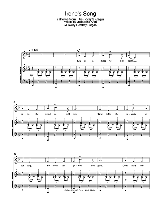 Learn to play Geoffrey Burgon Irene's Song (theme from The Forsyte Saga) sheet music for Piano Solo in minutes. Geoffrey Burgon Irene's Song (theme from The Forsyte Saga) sheet music notes and chords. Download Printable PDF.