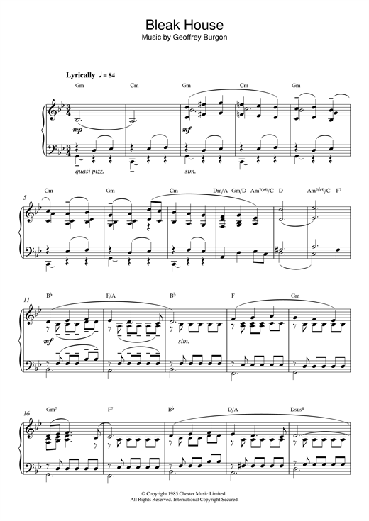 Learn to play Geoffrey Burgon Theme from Bleak House sheet music for Piano Solo in minutes. Geoffrey Burgon Theme from Bleak House sheet music notes and chords. Download Printable PDF.