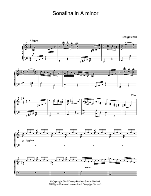 Learn to play Georg Benda Sonatina In A Minor sheet music for Piano Solo in minutes. Georg Benda Sonatina In A Minor sheet music notes and chords. Download Printable PDF.