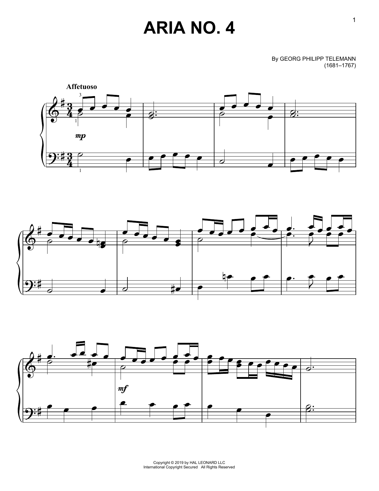Learn to play Georg Philipp Telemann Aria No. 4 sheet music for Easy Piano in minutes. Price: 6.9900$ Georg Philipp Telemann Aria No. 4 sheet music notes and chords arranged for Easy Piano