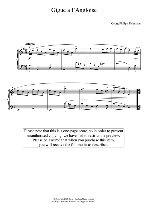 Georg Philipp Telemann Gigue A L'angliose sheet music notes and chords arranged for Easy Piano