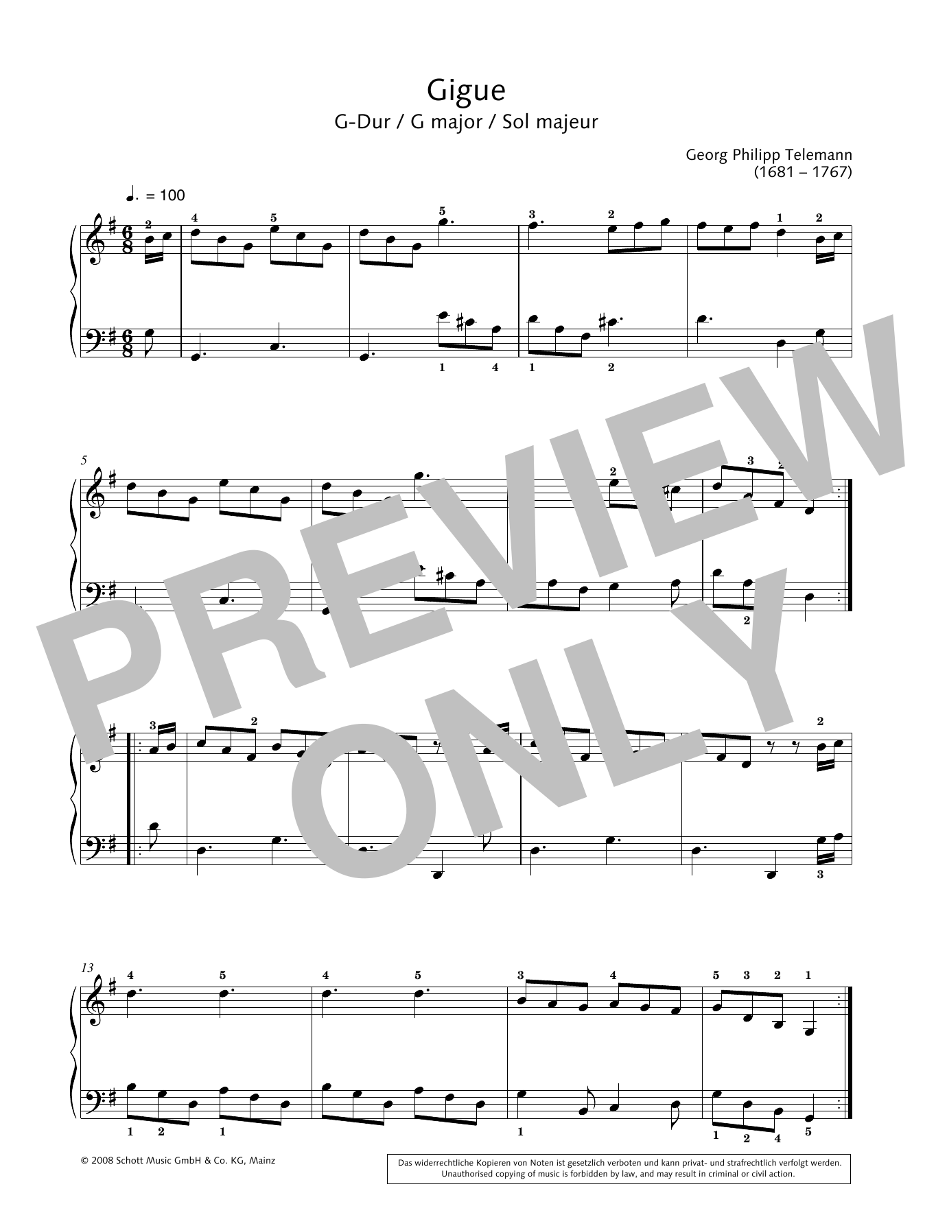 Georg Philipp Telemann Gigue in G major sheet music notes and chords arranged for Piano Solo