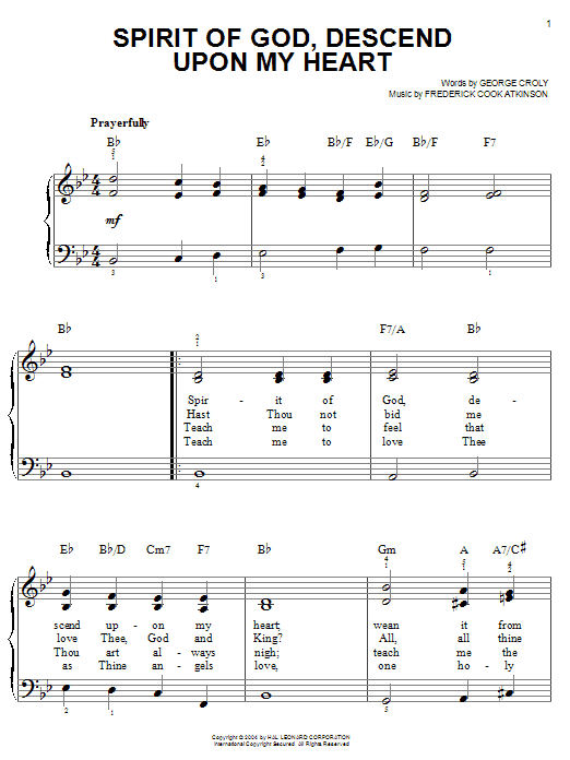 George Croly Spirit Of God, Descend Upon My Heart sheet music notes and chords. Download Printable PDF.